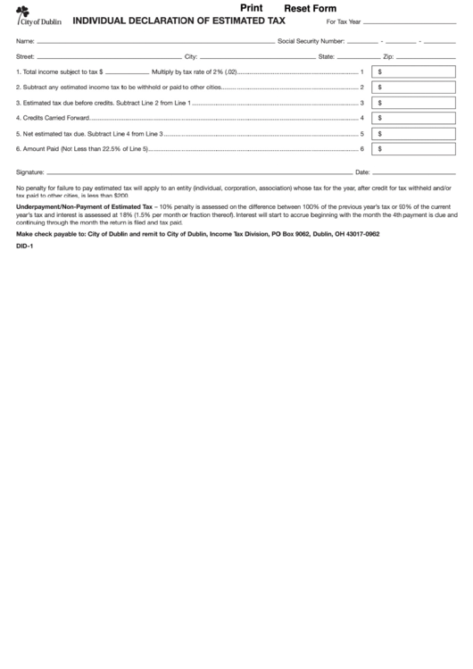 Fillable Form Did-1 - Individual Declaration Of Estimated Tax - City Of Dublin Printable pdf