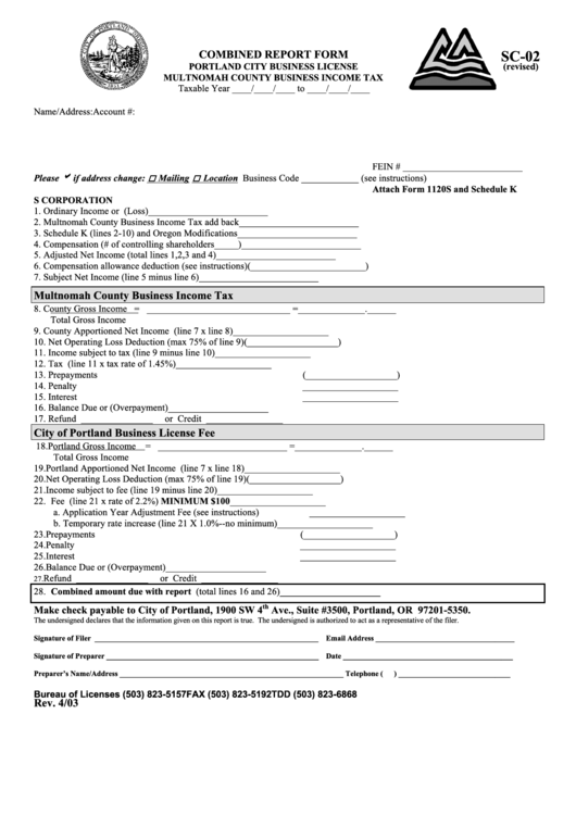 Form Sc-02 - Combined Report Form - Multnomah County Business Income Tax Printable pdf