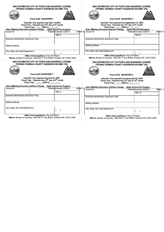 Form Q-03 - Estimated City Of Portland Business License Fee/multnomah County Business Income Tax - 2003 Printable pdf