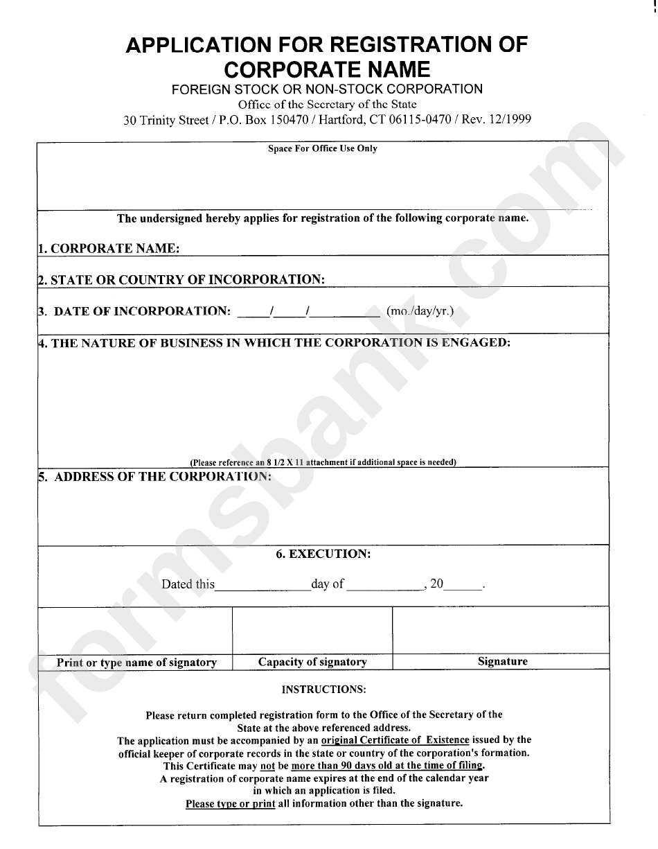 Application For Registration Of Corporate Name - Foreign Stock Or Non-Stock Corporation