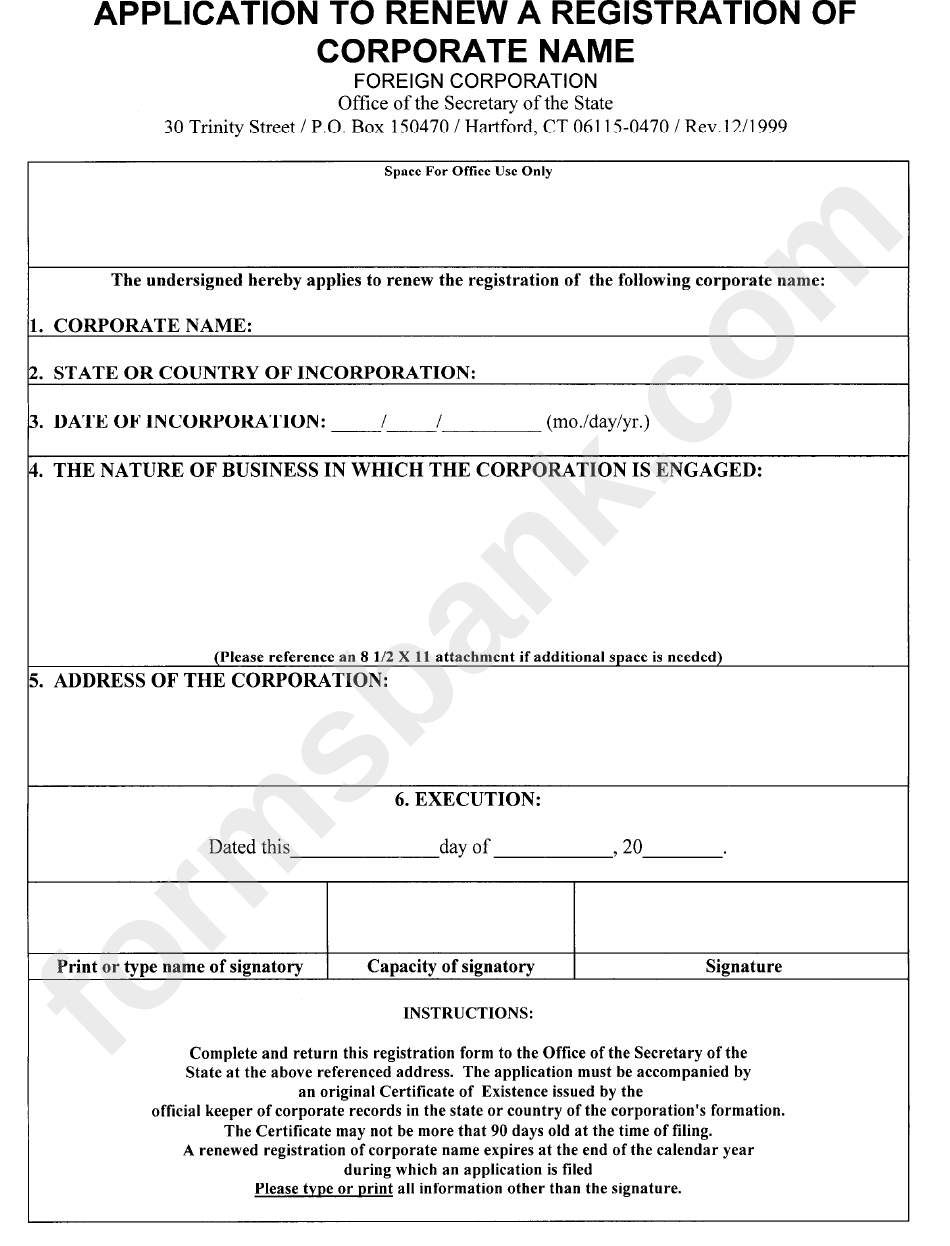 Application To Renew A Registration Of Corporate Name - Foreign Corporation