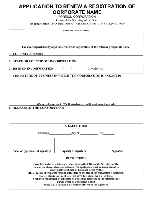 Application To Renew A Registration Of Corporate Name - Foreign Corporation Printable pdf