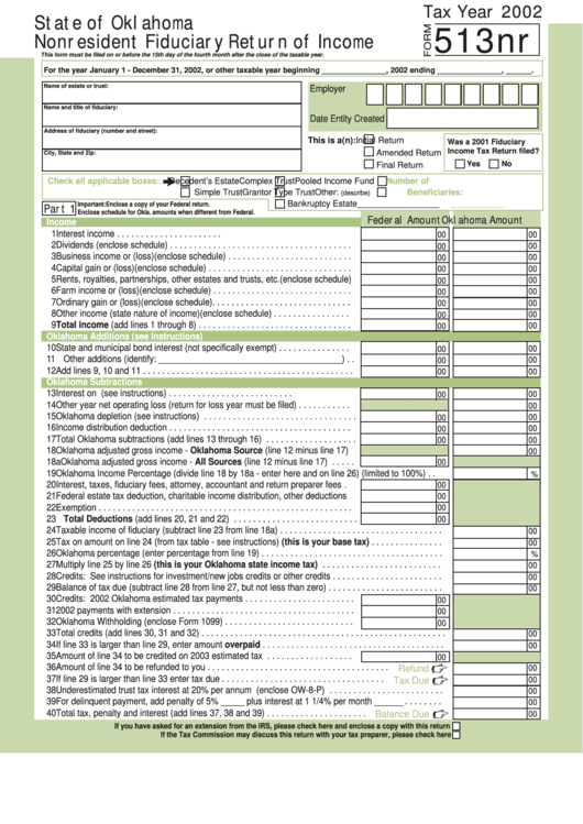 Form 513nr - Oklahoma Nonresident Fiduciary Return Of Income - 2002 Printable pdf