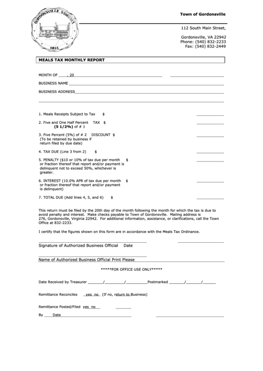 Meals Tax Monthly Report Form - Town Of Gordonsville Printable pdf