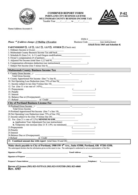 Form P-02 - Combined Report Form - Multnomah County Business Income Tax Printable pdf