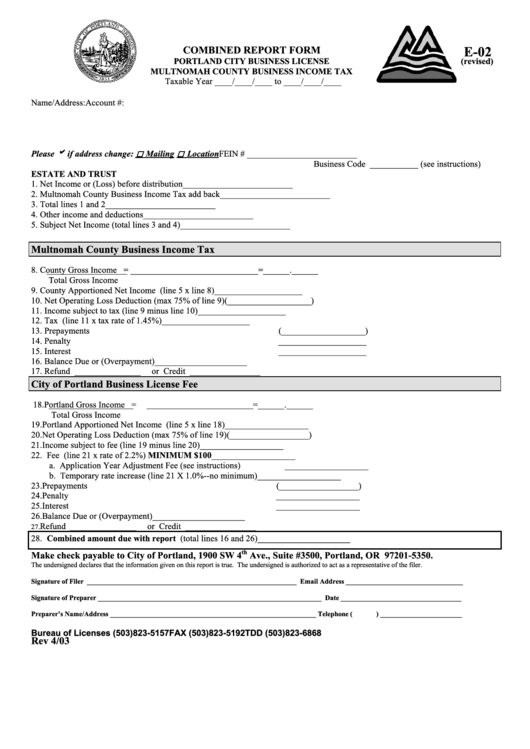 Form E-02 - Combined Report Form - Multnomah County Business Income Tax Printable pdf