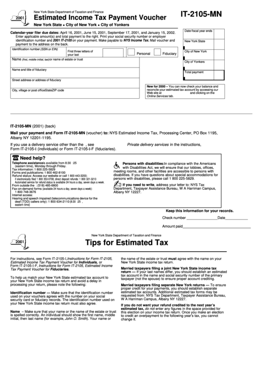 Fillable Form It-2105-Mn - Estimated Income Tax Payment Voucher - 2001 Printable pdf