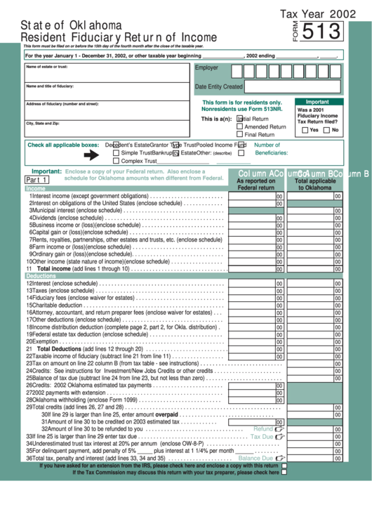 Form 513 - Resident Fiduciary Return Of Income - 2002 Printable pdf