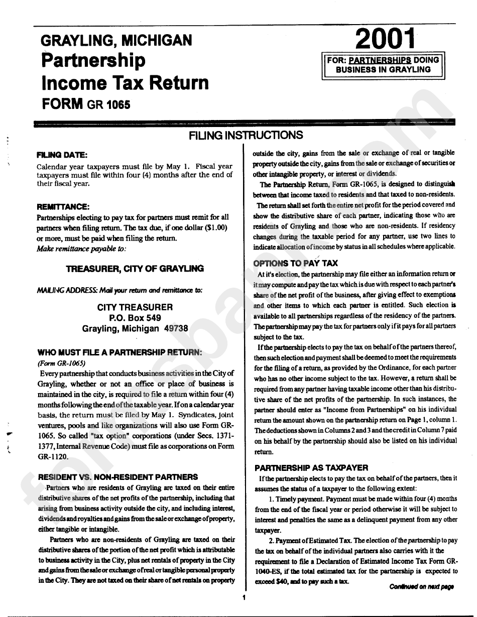 Instructions For Partnership Income Tax Return Form Gr 1065 2001