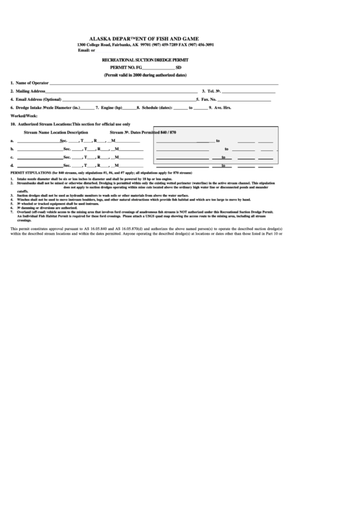 Recreational Suction Dredge Permit Form Printable pdf