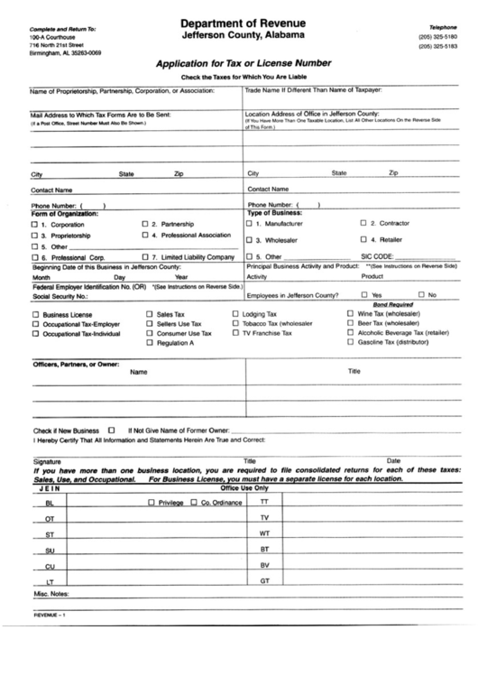 Application For Tax Or License Number - Department Of Revenue Form