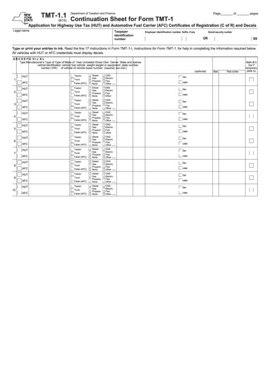 Fillable Form Tmt-1.1 - Application For Highway Use Tax And Printable 