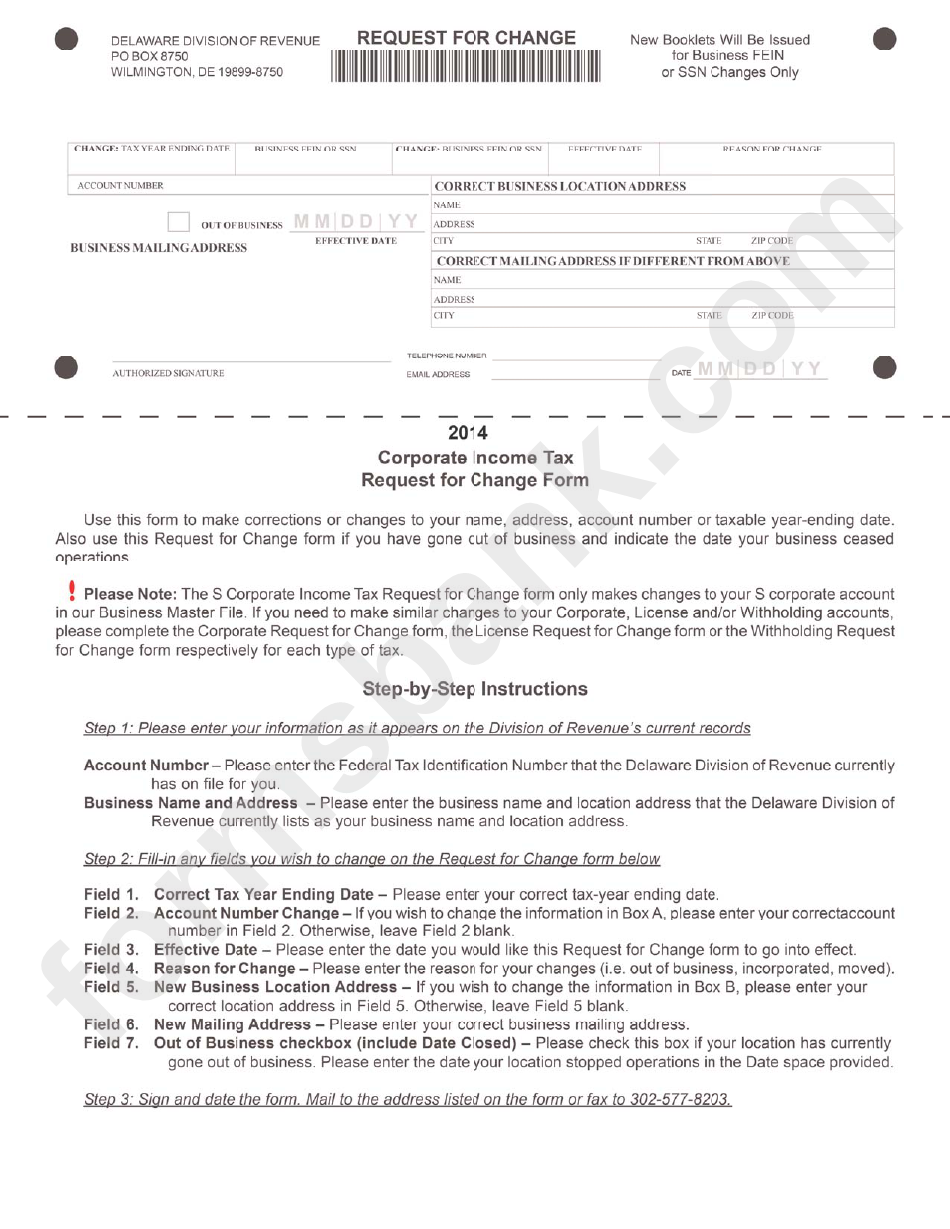 Corporate Income Tax - Request For Change - Delaware Division Of Revenue Form 2014