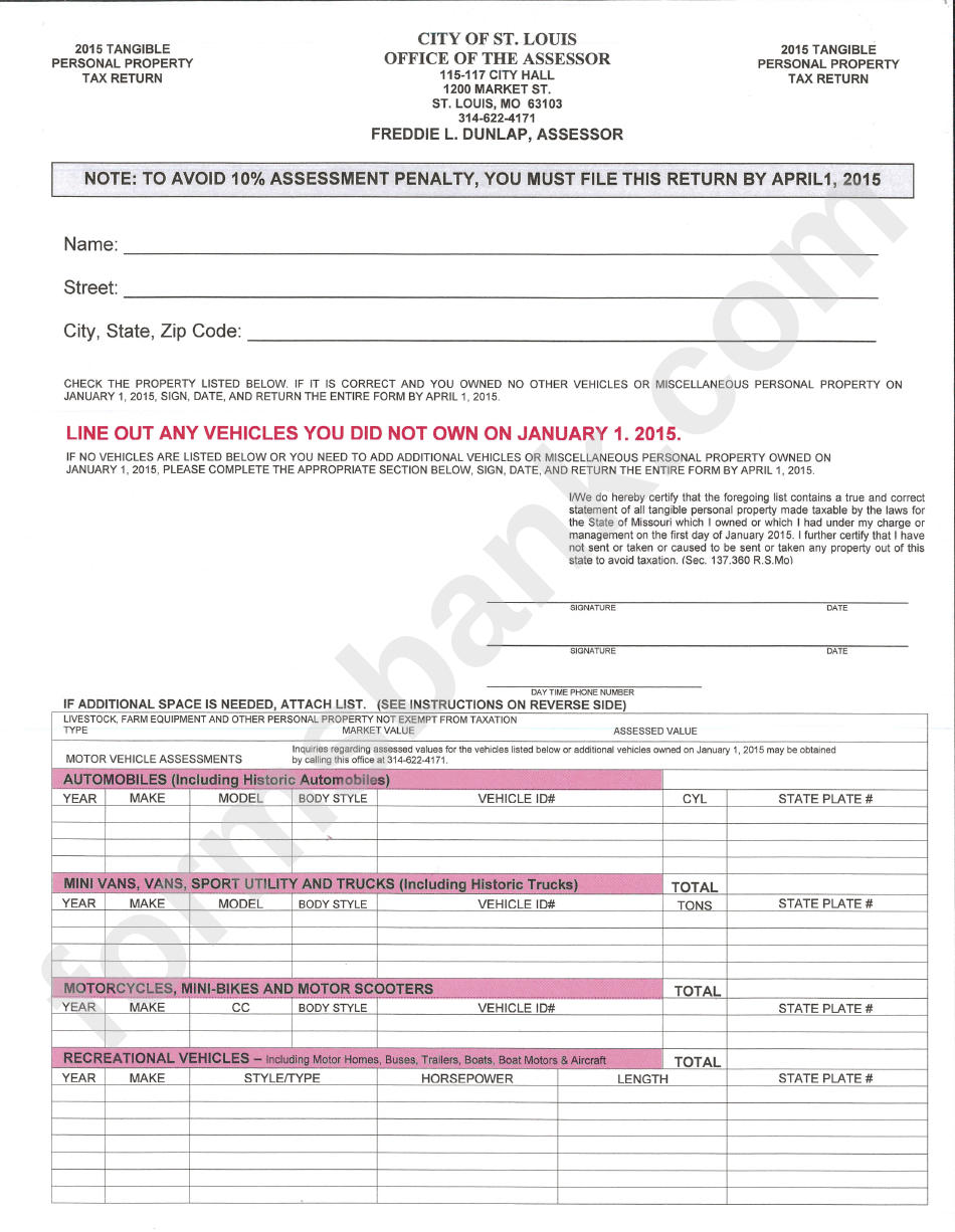 Tangible Personal Property Tax Return - City Of St. Louis - Office Of The Assessor Form 2015