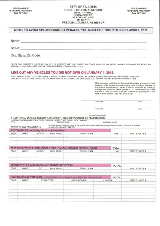 Tangible Personal Property Tax Return - City Of St. Louis - Office Of The Assessor Form 2015 Printable pdf