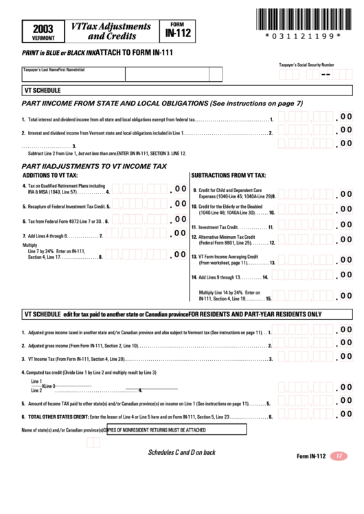 Form In-112 - Vt Tax Adjustments And Credits - 2003 Printable pdf