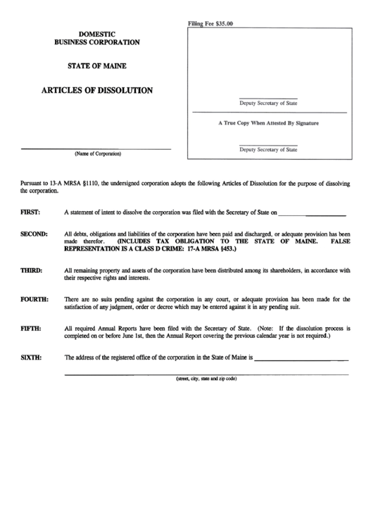 Form No. Mbca-11d - Articles Of Dissolution July 2000 Printable pdf