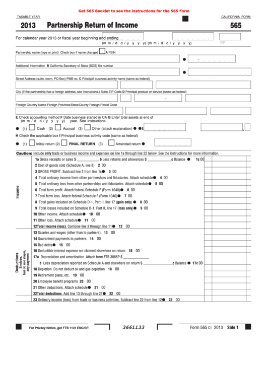 Fillable Form 565 - Partnership Return Of Income - 2013 Printable pdf