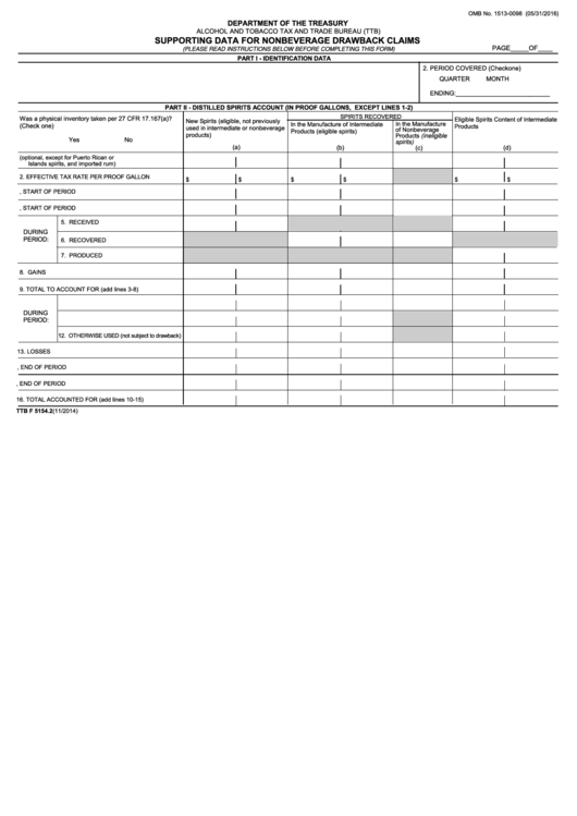 Fillable Form Ttb F 5154.2 - Supporting Data For Nonbeverage Drawback Claims - 2016 Printable pdf
