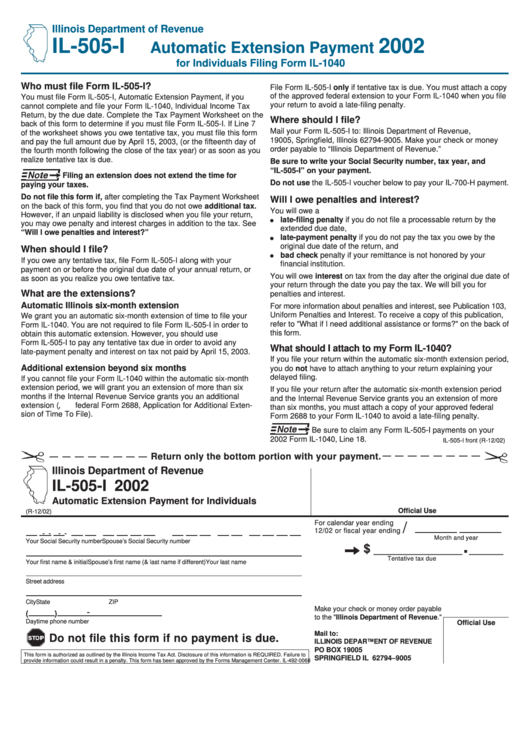 Form Il-505-I - Automatic Extension Payment - Illinois Department Of Revenue -2002 Printable pdf