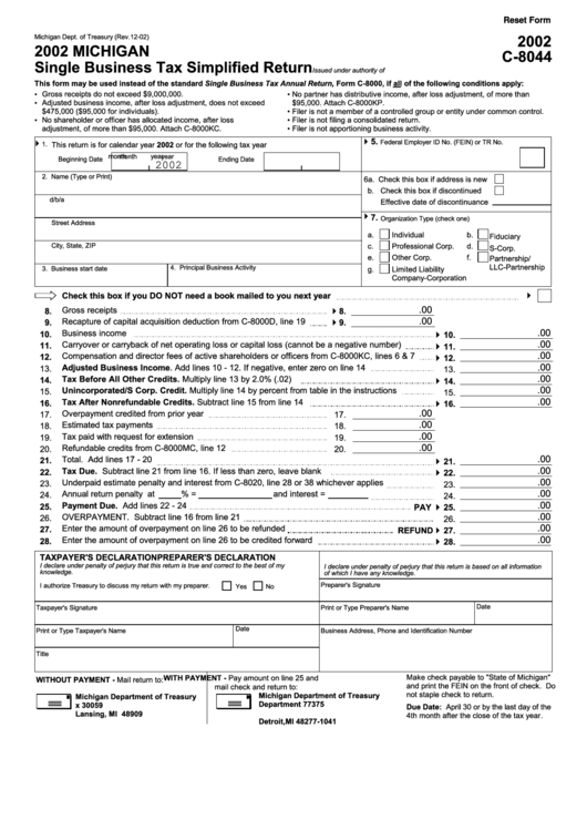 Fillable Form C-8044 - Single Business Tax Simplified Return - 2002 Printable pdf