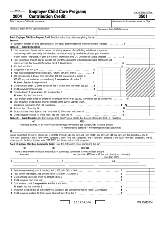 Form 3501 - Employer Child Care Program/contribution Credit - 2004 Printable pdf