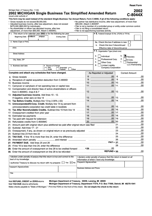 Fillable Form C-8044x - Single Business Tax Simplified Amended Return - 2002 Printable pdf