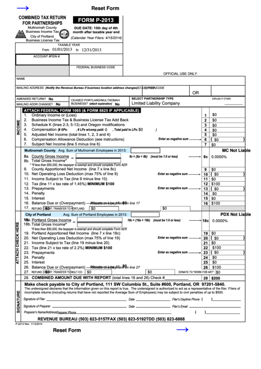 Fillable Form P-2013 - Combined Tax Return For Partnerships Printable pdf