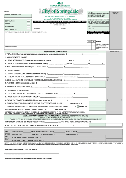 Form Br - Income Tax Return - City Of Springdale - 2003 Printable pdf