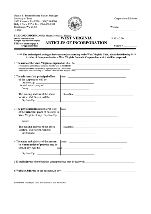 Fillable Form Cd-1np - Articles Of Incorporation - 2013 Printable pdf