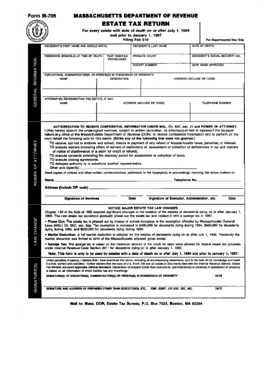 Form M-706 - Estate Tax Return Printable pdf