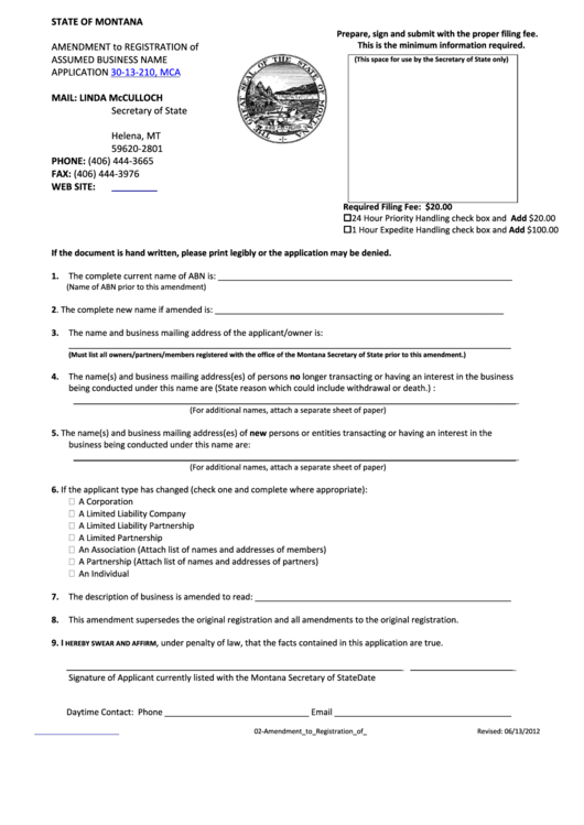 Amendment To Registration Of Assumed Business Name Application - Montana Secretary Of State - 2012 Printable pdf