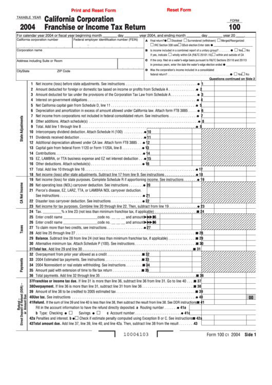 Fillable Form 100 - California Corporation Franchise Or Income Tax Return - 2004 Printable pdf