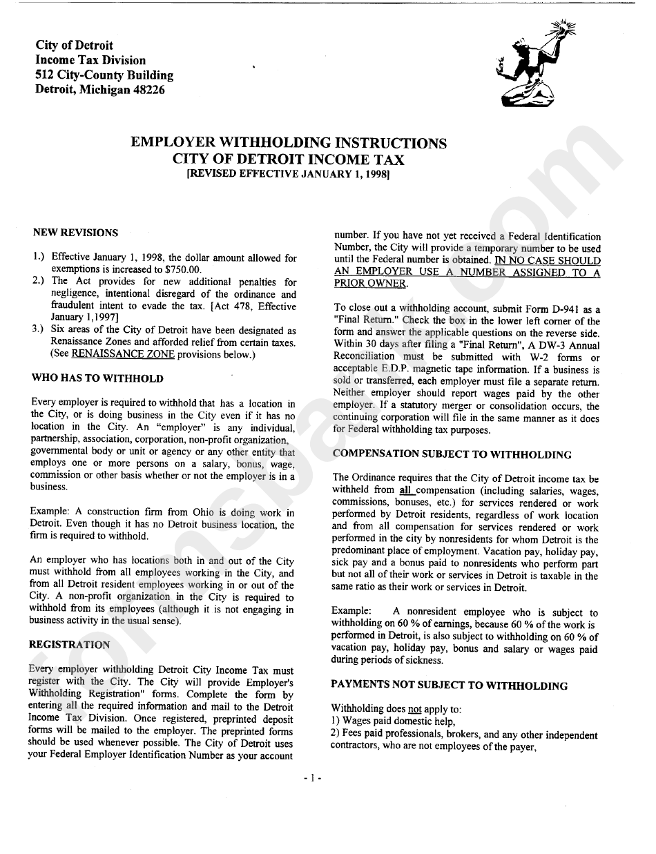 Instruction For Employer Withholding City Of Detroit Income Tax Form - 1998