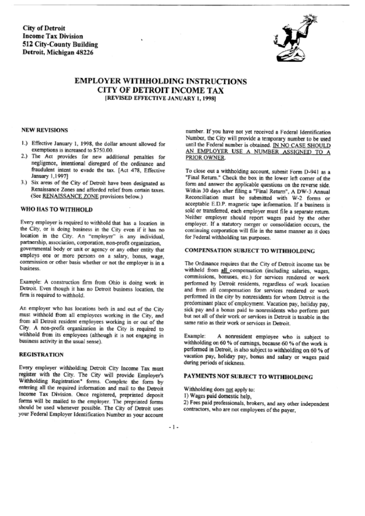 Instruction For Employer Withholding City Of Detroit Income Tax Form - 1998 Printable pdf