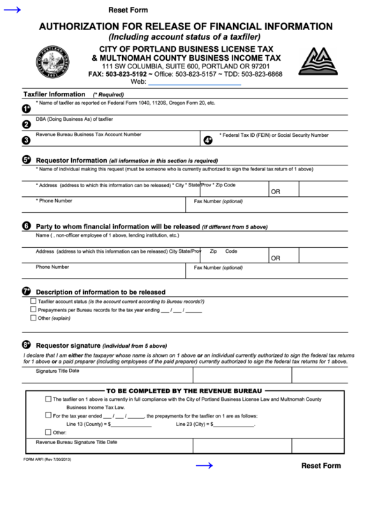 Fillable Form Arfi - Authorization For Release Of Financial Information Printable pdf