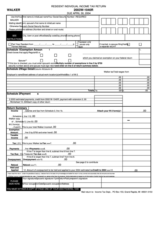 Form W-1040r - City Of Walker Resident Individual Income Tax Return - 2003 Printable pdf