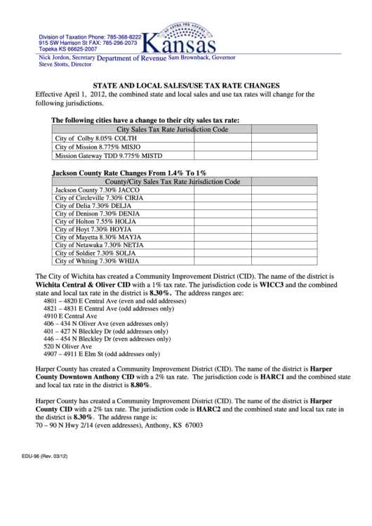 Form Edu-96 - State And Local Sales/use Tax Rate Changes - Kansas Department Of Revenue Printable pdf