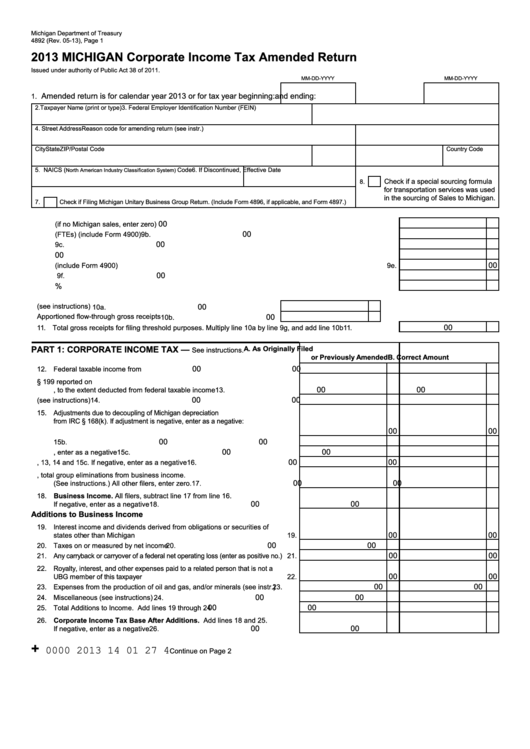 Form 4892 - Michigan Corporate Income Tax Amended Return - 2013 Printable pdf