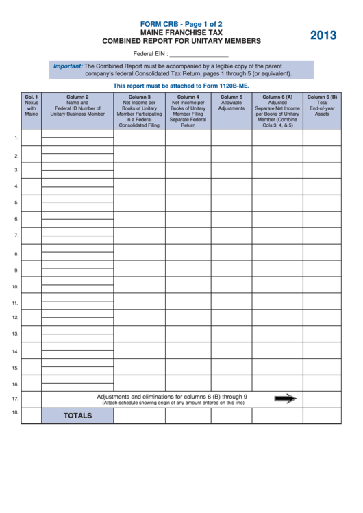 Form Crb - Maine Franchise Tax Combined Report For Unitary Members - 2013 Printable pdf