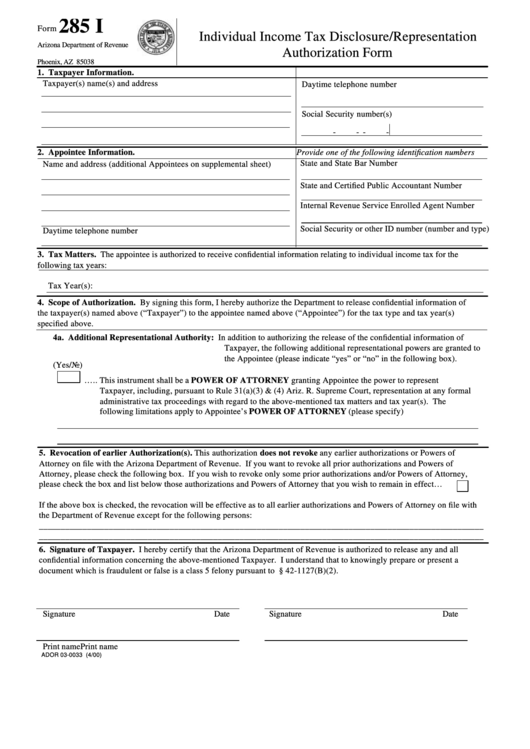 Fillable Form 285 I - Individual Income Tax Disclosure/representation Authorization Form - 2000 Printable pdf