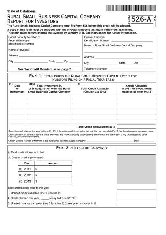 Fillable Form 526-A - Rural Small Business Capital Company Report For Investors - 2011 Printable pdf