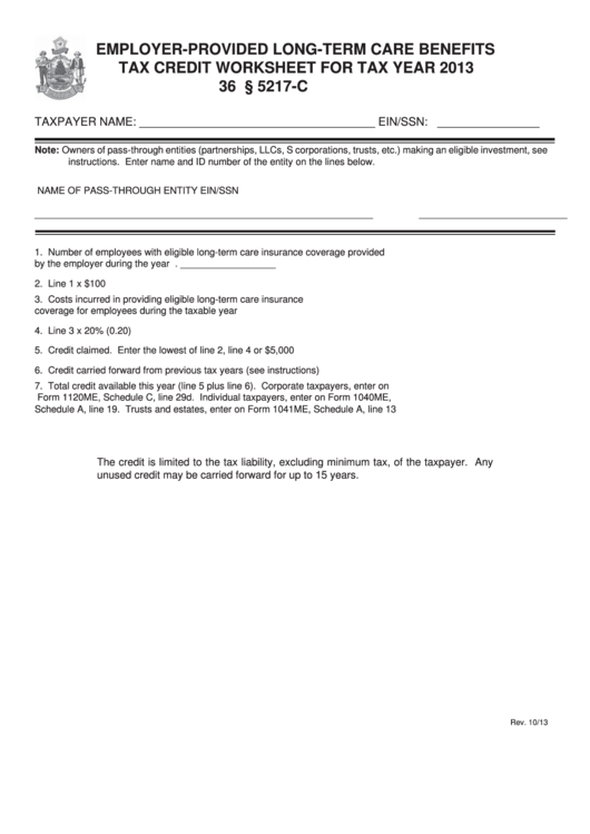 Employer-Provided Long-Term Care Benefits Tax Credit Worksheet For Tax Year 2013 Printable pdf