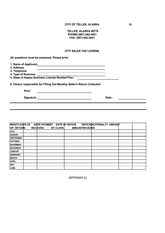 City Sales Tax License - City Of Teller Printable pdf