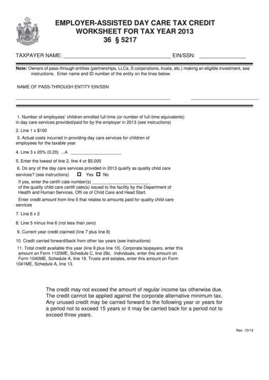 Employer-Assisted Day Care Tax Credit Worksheet For Tax Year 2013 Printable pdf