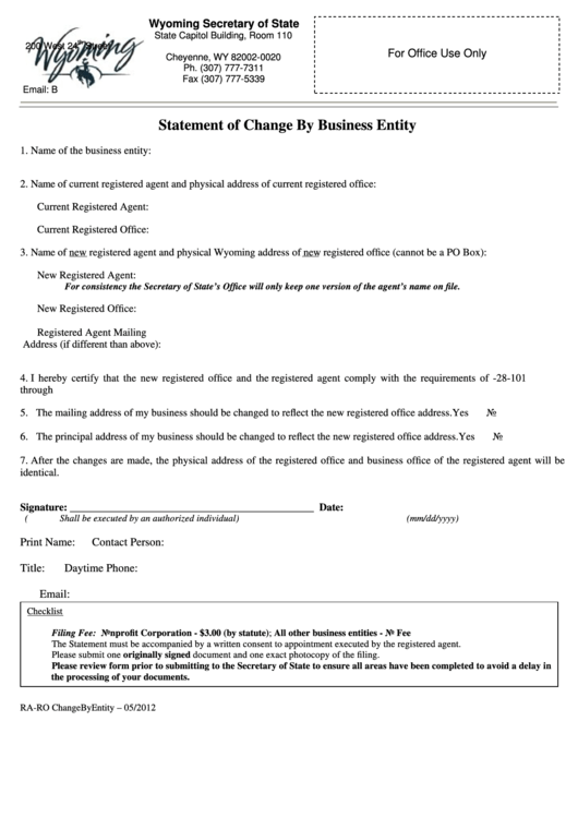Fillable Form Ra-Ro - Statement Of Change By Business Entity - Wyoming Secretary Of State Printable pdf