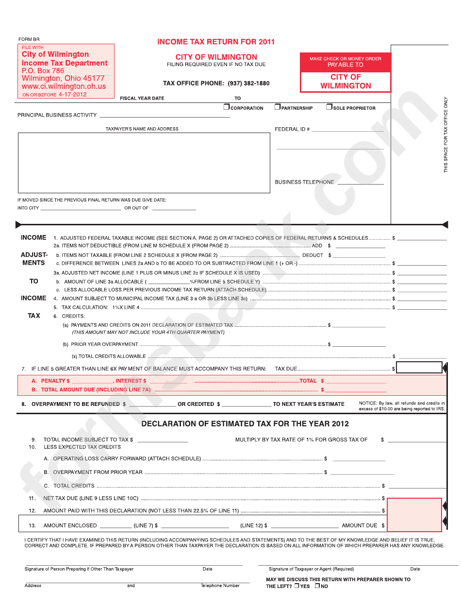 Form Br - Income Tax Return - City Of Wilmington - 2011