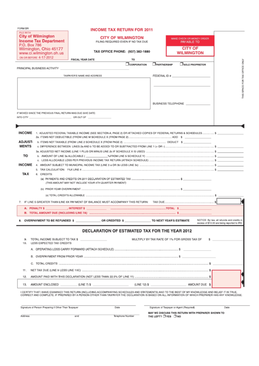 Form Br - Income Tax Return - City Of Wilmington - 2011 Printable pdf