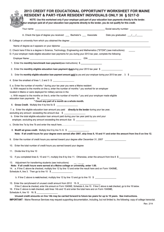 Credit For Educational Opportunity Worksheet For Maine Resident & Part-Year Resident Individuals - 2013 Printable pdf
