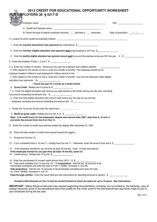 Credit For Educational Opportunity Worksheet For Employers - 2013 Printable pdf